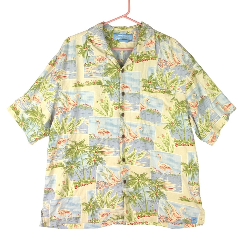 Bermuda Bay Tropical Hawaiian Green Button Up Shirt 100% Silk Men's L Palms